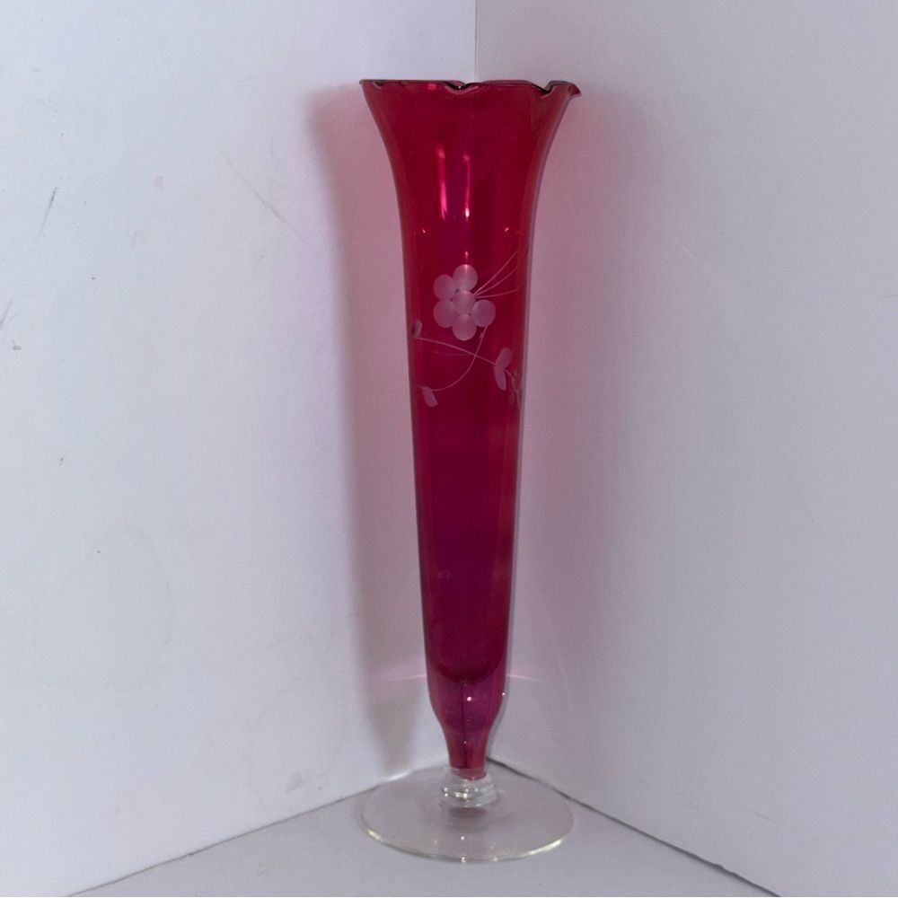 Vintage Cranberry Red Etched Flower Glass Vase Clear Base Ruffle Top
